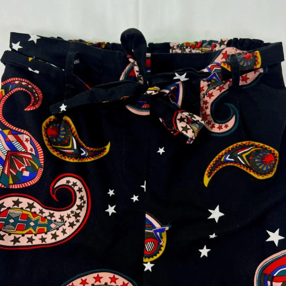 Paisley Star Print Matching Set Womens M Black Pajama Style Indie Cropped Pants